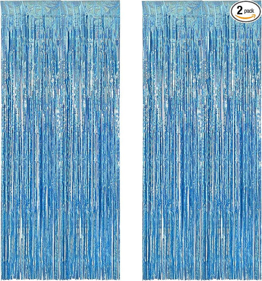 BRAVESHINE Light Blue Tinsel Foil Fringe Curtains - 2Pcs 3.2x8.2 ft Metallic Holiday Streamers Backdrop for Christmas/Winter’s Snowflake/Frozen/Birthdays/Mermaid/Bachelorette/Engagement Party Decor
