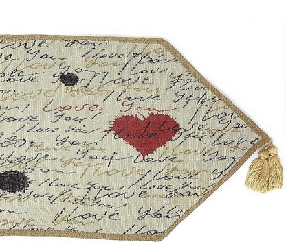 Tache Romantic Cursive Handwritten Love Letter Valentine Hearts Beige Table Runner - Vintage Farmhouse Woven Tapestry Kitchen Dining Dinner Linen Napery Cloth - 13 x 72 inches