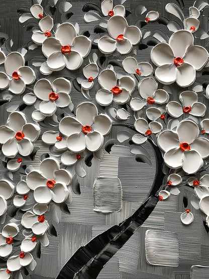 YaSheng Art- 3D White Flowers Oil Paintings on Canvas Thick Texture Black and White Canvas Wall Art HandPainted Abstract Artwork Home Decorations Modern bedroom Dining Room Wall Art Ready to Hang 24x24inch