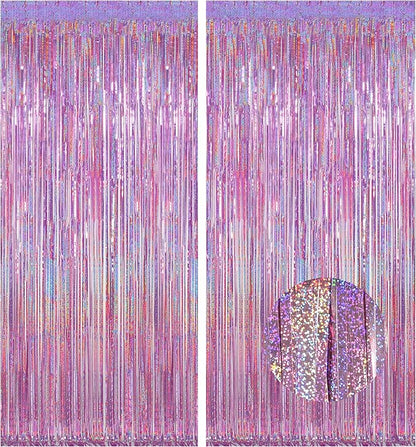 Melsan 2 Pack 3.2 ft x 8.2 ft Tinsel Foil Fringe Curtains Backdrop, Sparkle Metallic Foil Curtains for Party Photo Booth Props Decoration, Pinkish Purple