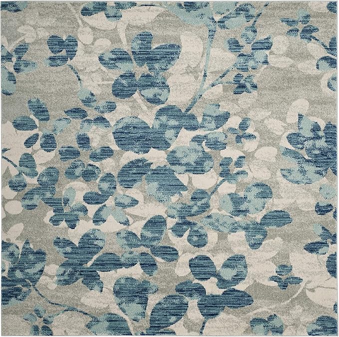 SAFAVIEH Evoke Collection Area Rug - 6'7" Square, Grey & Light Blue, Floral Design, Non-Shedding & Easy Care, Ideal for High Traffic Areas in Living Room, Bedroom (EVK236J)