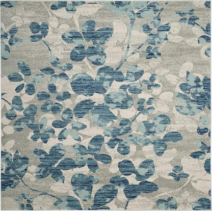 SAFAVIEH Evoke Collection Area Rug - 6'7" Square, Grey & Light Blue, Floral Design, Non-Shedding & Easy Care, Ideal for High Traffic Areas in Living Room, Bedroom (EVK236J)