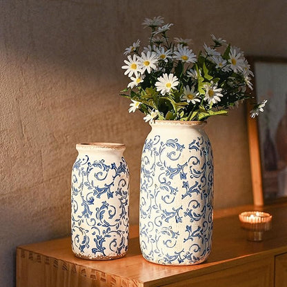 VICTOR & TERESA Rustic Large Blue and White Vase for Home Decor, 10'' Tall Ceramic Vases for Flowers, Farmhouse Decorative Vases for Pampas Grass,Table, Mantel, Living Room, Centerpieces