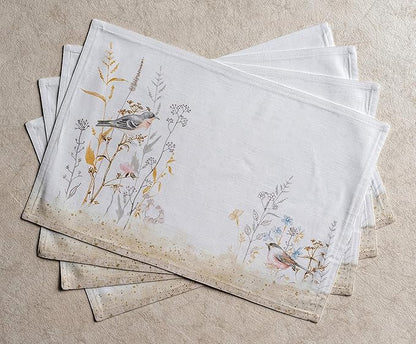 Maison d' Hermine Placemats Set of 4 100% Cotton Washable Cloth Place Mats, Reusable Table Mats for Kitchen Dining Decoration, Party, Restaurant Spring/Summer (Meadow Florals - Beige, 13" x 19")