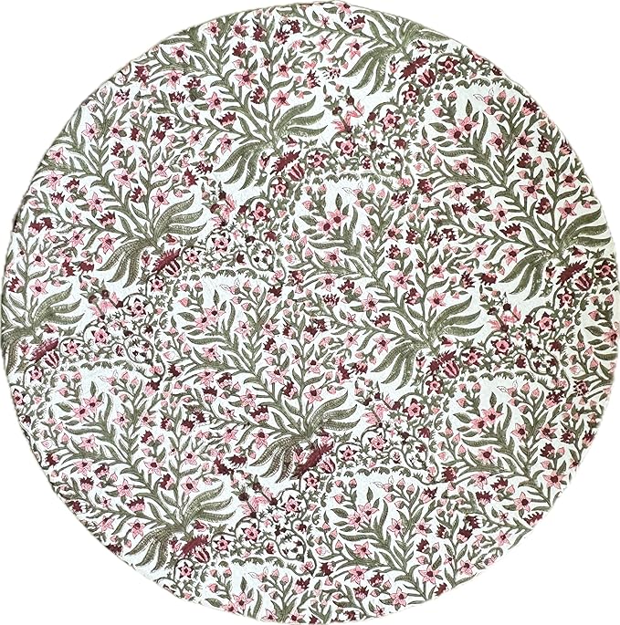 ATOSII Nargis Pink 100% Cotton Round Block Print Summer Tablecloth, Floral Table Cloth Linen for Dining Parties Weddings Outdoors Holidays I 90" Inches Round, 6 Seater I Grandmillennial Farmhouse Boho