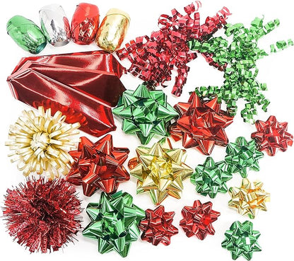 CT CRAFT LLC Gift Bows 22 PCS Set Multi Colored Assorted - Bow x 18 pcs + Kegg Roll x 4 pcs - Red/Gold/Green, Holiday Christmas Birthday Party Wrapping