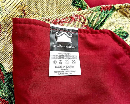 Tache Floral Red Roses Birds Golden Woven Table Runner - Vintage Tapestry Botanical Kitchen Dining Dinner Linens Cloth - 13 x 54 inches