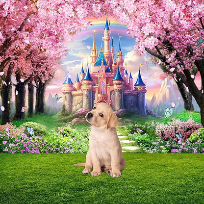 Riyidecor Princess Castle Backdrop Vinyl Pink Sakura Rainbow Flowers Floral Fantasy Fairy Tale Wonderland 10Wx8H Feet Butterfly Photography Background Birthday Wedding Party Photo Studio Shoot