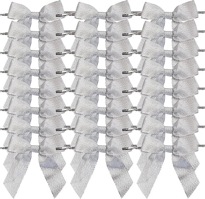 50pcs 3-1/2" Metallic Silver Glitter Ribbon Bows with Twist Ties for Gift Wrapping Packing Christmas Big Bows for Holiday Decoration (Silver)