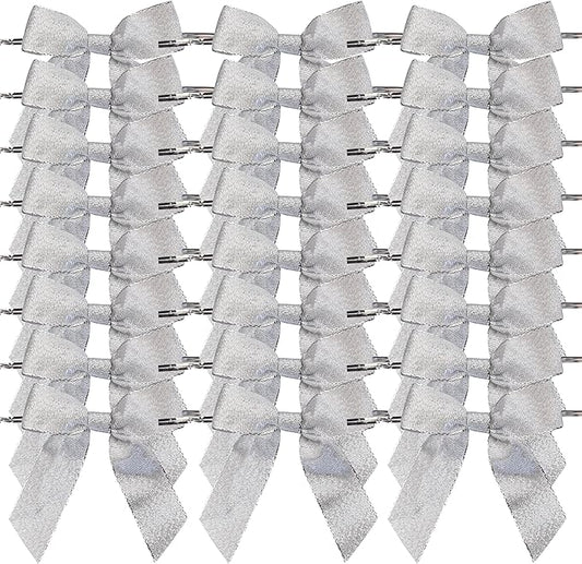 50pcs 3-1/2" Metallic Silver Glitter Ribbon Bows with Twist Ties for Gift Wrapping Packing Christmas Big Bows for Holiday Decoration (Silver)