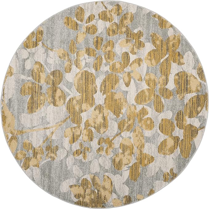 SAFAVIEH Evoke Collection Area Rug - 6'7" Round, Grey & Gold, Floral Design, Non-Shedding & Easy Care, Ideal for High Traffic Areas in Living Room, Bedroom (EVK236P)