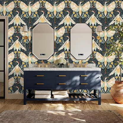 HAOKHOME Crane Wallpaper Peel and Stick Boho Floral Bird Dots Wall Paper Japanese Chinoiserie Dark Green/Beige/Yellow Accent Wall Decor 17.3in x 9.8ft