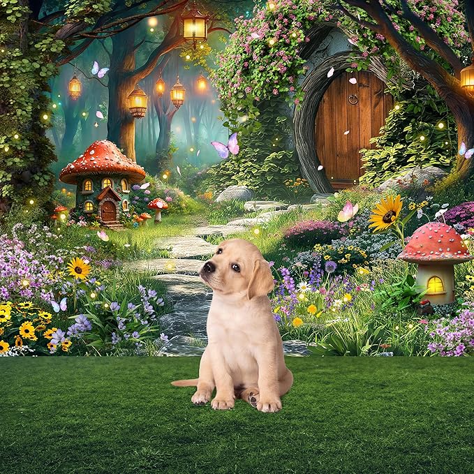 Riyidecor Fairy Backdrop Polyester Fabric Enchanted Garden Wonderland Woodland Mushroom Floral Flower Butterfly 7Wx5H Feet Nature Baby Shower Photography Background Birthday Photo Studio Shoot