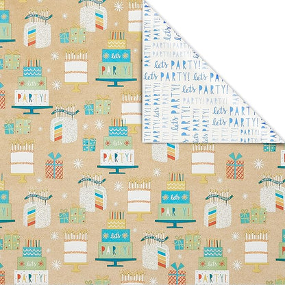 American Greetings 175 sq. ft. Reversible Wrapping Paper for Birthdays and All Occasions, Birthday Cakes and Gifts (1 Roll, 30 in x 70 ft.)