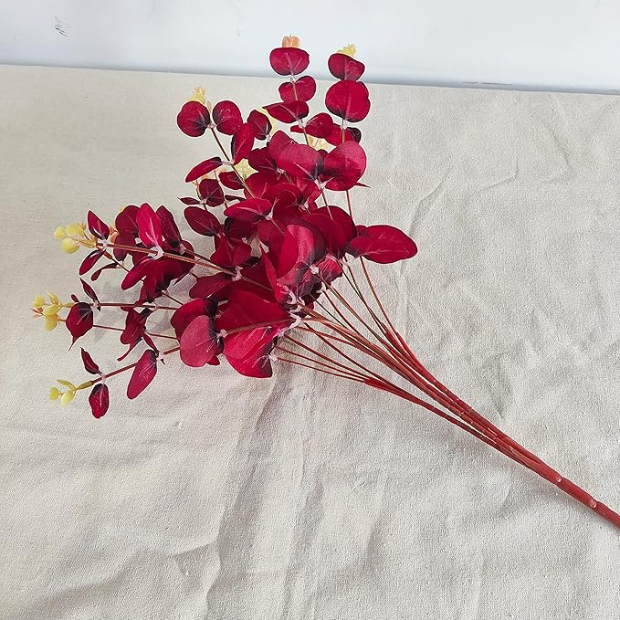 19" Faux Flowers Artificial Silk Silver Dollar Eucalyptus Stems Fake Plant for Vase Home Wedding Decor 3 Pcs (Dark Red)