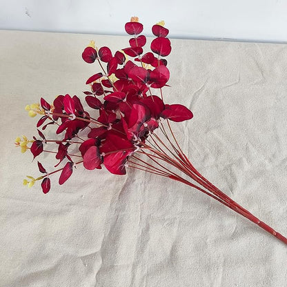 19" Faux Flowers Artificial Silk Silver Dollar Eucalyptus Stems Fake Plant for Vase Home Wedding Decor 3 Pcs (Dark Red)
