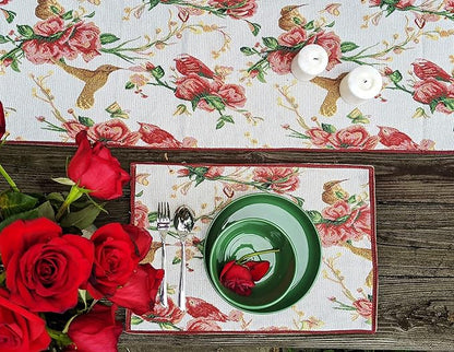 Tache Floral Red Roses Birds Ivory Woven Table Runner - Vintage Tapestry Kitchen Dining Dinner Linens Cloth - 13 x 54 inches