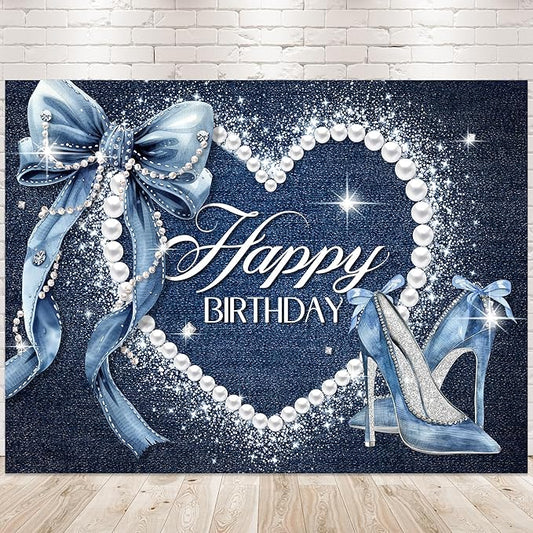 Denim and Diamonds Bow Backdrop 8Wx6H Photography Blue Coquette Silver High Heels Happy Birthday Banner for Women Girls Background Pearl Party Decorations Banner Photo Booth Props Supplies