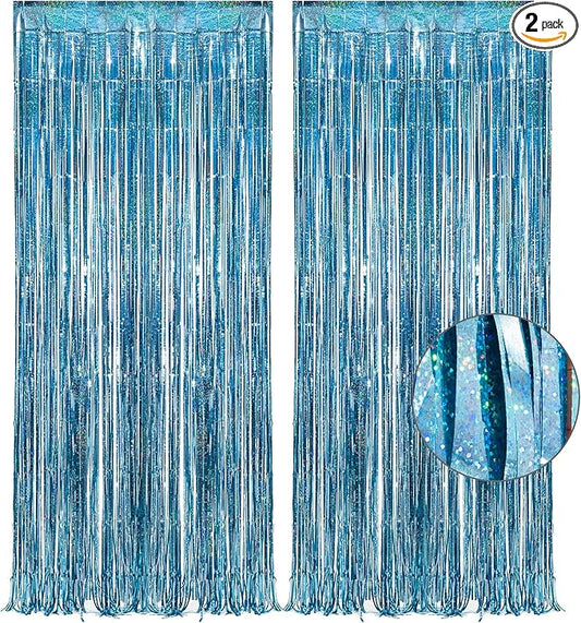 Blue Tinsel Curtain Party Backdrop - GREATRIL Foil Curtain Party Photo Streamers Backdrop for Frozen/Mermaid/Under Sea/Baby Party Decorations - Pack of 2