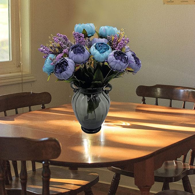 1pcs Artificial Peony Bouquet,19 Inch Silk Peony Bunch with 7 Faux Flowers,Classical Style Artificial Flowers with Leaves and Ornaments for Wedding,Home Décor Centerpieces(Blue)