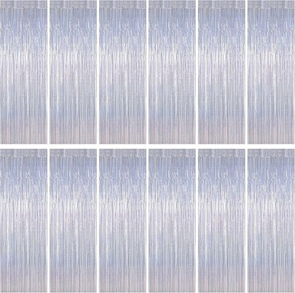 12 Pack Fringe Backdrop, 3.28 FT x 7.08 FT Glitter Silver Tinsel Curtain, Metallic Foil Curtains Party Streamer Disco Backdrop, Silver Party Decorations for New Year Birthday Holiday