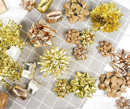 CT CRAFT LLC Gift Bows 22 PCS Set Multi Colored Assorted - Bow x 18 pcs + Kegg Roll x 4 pcs - Gold/Bronze Gold, Holiday Christmas Birthday Party Wrapping