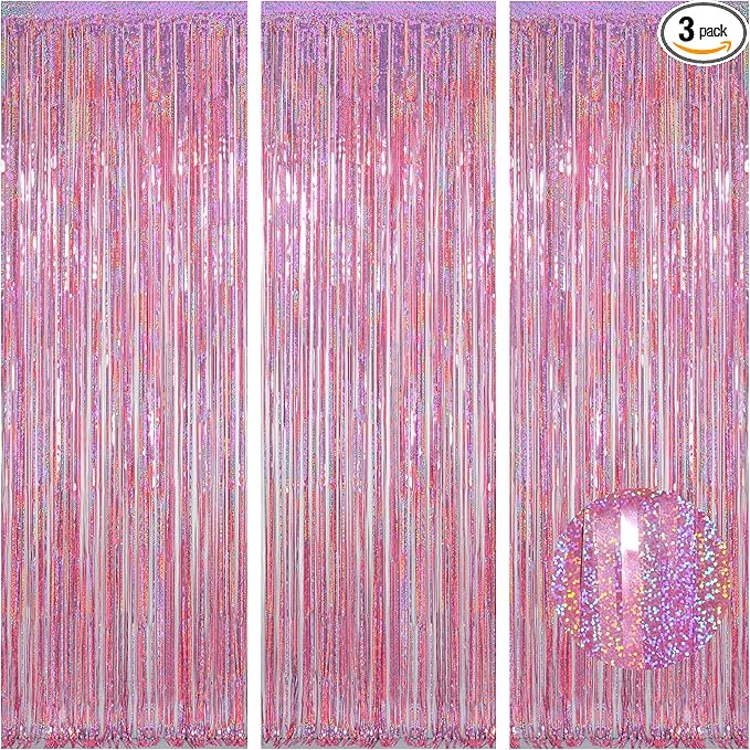 Melsan 3 Pack 3.2 x 8.2 ft Foil Fringe Curtains - Pink Tinsel Curtain Girl Birthday Decorations Photo Backdrop for Party Decoration Engagement or Bachelorette Party Supplies