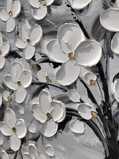 Yihui Arts 3D White Flower Canvas Wall Art Hand Painted Grey Paintings Vertical Artwork for Living Room Bedroom Hallway Decoration