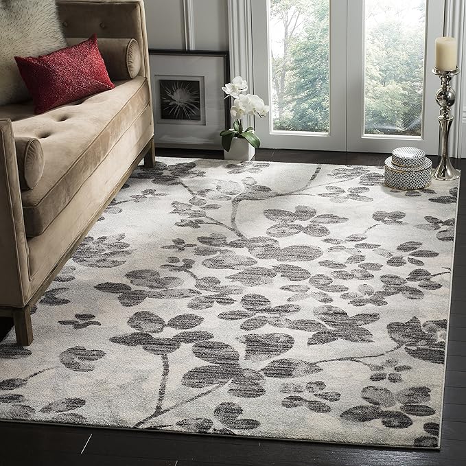 SAFAVIEH Evoke Collection 6'7" x 9' Grey/Black EVK236R Floral Non-Shedding Living Room Bedroom Dining Home Office Area Rug