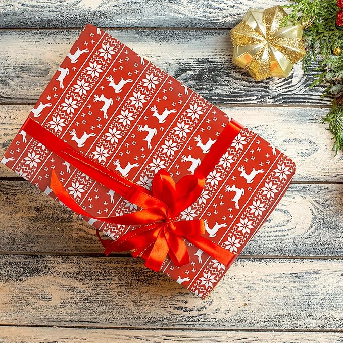 Hexablenzio Christmas Wrapping Paper Bulk Set of 4 Rolls (148 sq. ft. ttl) Santa Claus, Reindeer, Christmas Tree, Snowman Patterns for Holiday Gift Wrap - 30 inches x 14.8 feet Per Roll
