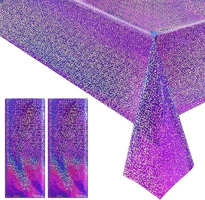 2 pcs Purple Holographic Plastic Tablecloths Laser Table Covers 40" x 108" Foil Disposable Table Cloths for Party Birthday Wedding Christmas Holiday Party Decorations