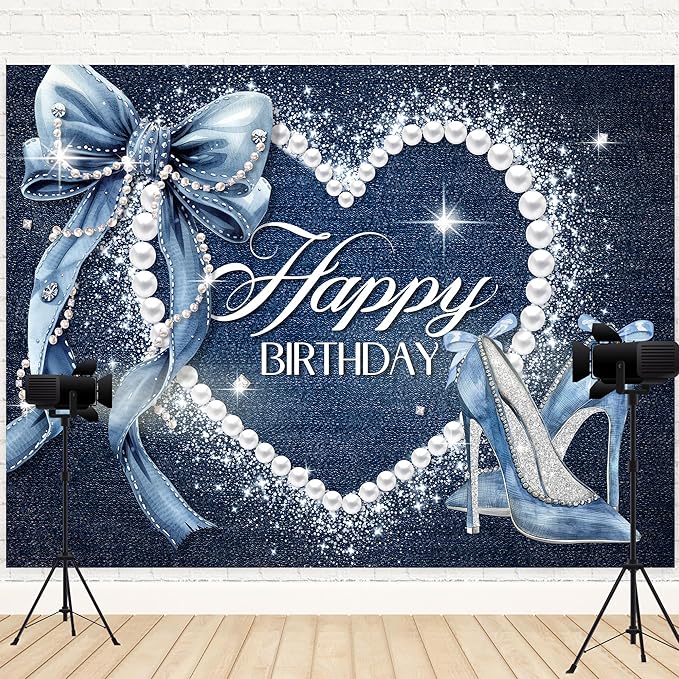 Denim and Diamonds Bow Backdrop 8Wx6H Photography Blue Coquette Silver High Heels Happy Birthday Banner for Women Girls Background Pearl Party Decorations Banner Photo Booth Props Supplies