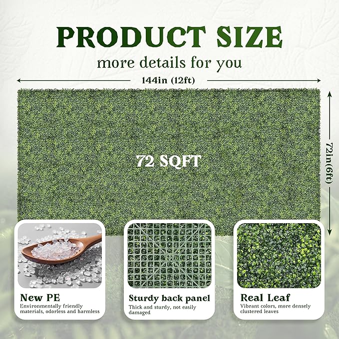 Artificial Boxwood Roll Panel Backdrop: 72"X144" UV-Anti Greenery Faux Grass Wall Hedge for Indoor Outdoor Green Decor & Backyard Background Decorations Fence Covering Privacy
