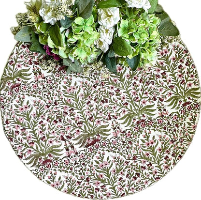 ATOSII Nargis Pink 100% Cotton Round Block Print Summer Tablecloth, Floral Table Cloth Linen for Dining Parties Weddings Outdoors Holidays I 90" Inches Round, 6 Seater I Grandmillennial Farmhouse Boho
