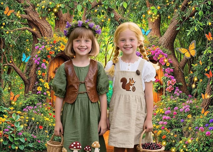12X10ft Enchanted Forest Backdrop Fairy Tale Green Garden Wonderland Tree House Floral Butterfly Background for Kids Girl Baby Shower Birthday Party Decoration Banner Cake Table Photo Booth Props