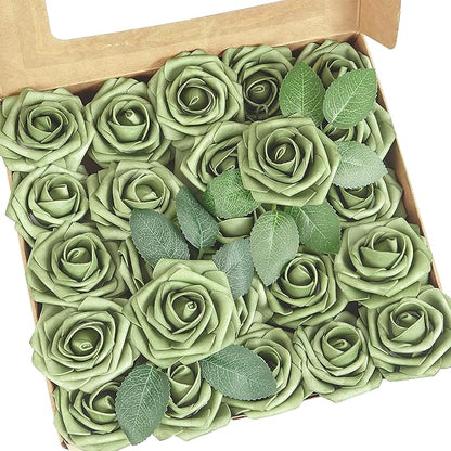 Artificial Flowers, 25pcs Artificial Rose for DIY Wedding Bouquets Centerpieces Flowers Arrangements, Elf Green Fake Flowers with Stems for Bridal Shower Graduation Events Decoration