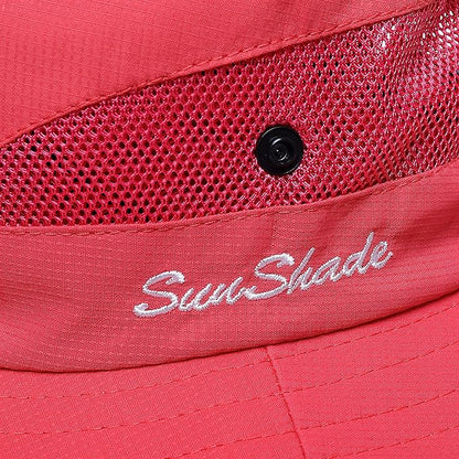 Womens Summer Sun Hat Beach Hat Wide Brim Outdoor UV Protection Hat Foldable Cool Mesh Ponytail Bucket Hat