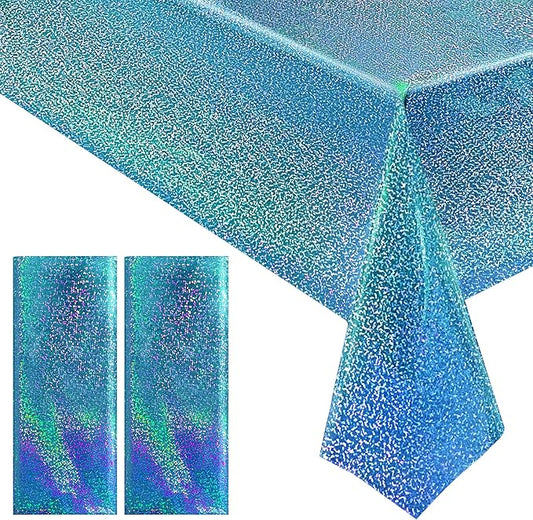 2 pcs Light Blue Holographic Plastic Tablecloths Laser Table Covers 40" x 108" Foil Disposable Table Cloths for Party Birthday Wedding Christmas Holiday Party Decorations