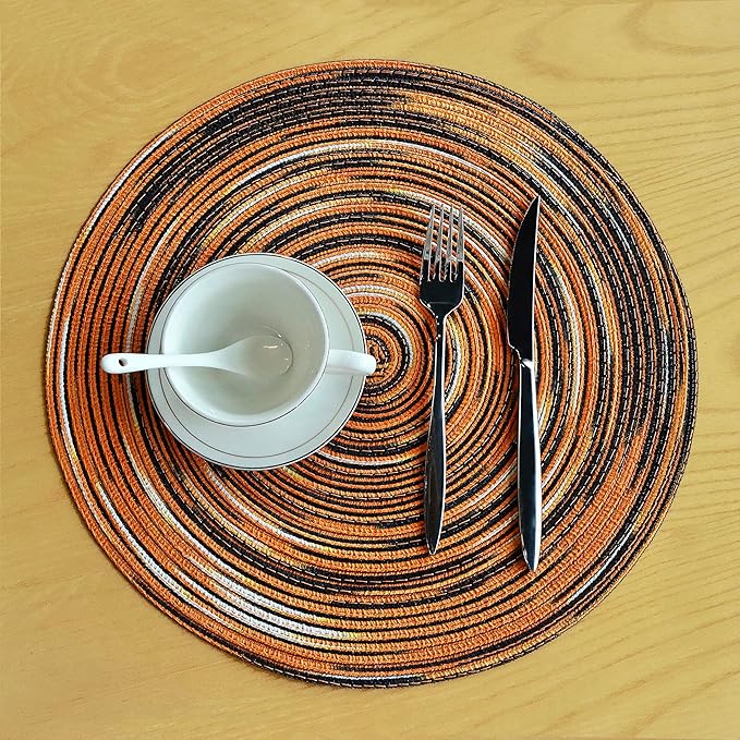 Youyi Better Lifes Halloween Round Braided Placemats Set of 8 Colorful Washable Durable Placemats Non-Slip 15 Inch Black-Orange Woven Table Mats for Dining Tables Holiday Party Decoration