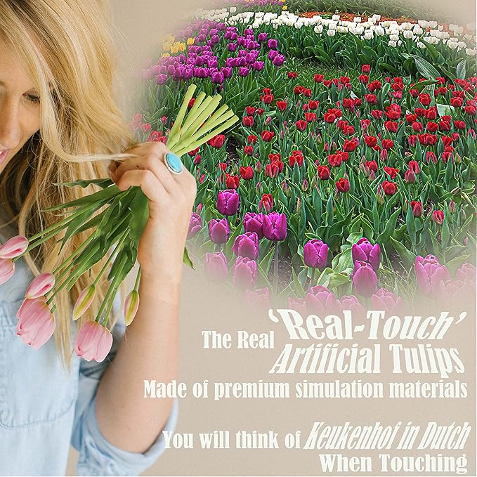 20pcs Artificial Tulip Flowers,16 Inch Real Touch Tulip Stems with Faux Leaves, Faux Tulips and Buds for Home Décor Centerpiece Ornament Wedding Bouquet,Pink