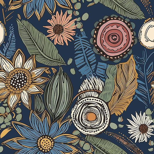 Boho Wallpaper Peel and Stick, Dark Vintage Floral Contact Paper, 17.5" x 197" Retro Botanical Flower Wall Paper Self Adhesive Removable Waterproof for Walls Shelf Cabinet Table (Blue,Yellow, Green)