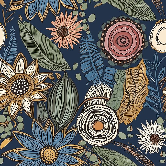 Blue Boho Wallpaper Peel and Stick,Vintage Floral Contact Paper 17.5" x 393.7", Retro Flower Paisley Botanical Wall Paper Self Adhesive Removable Waterproof for Walls Shelves Cabinet Table Decoration
