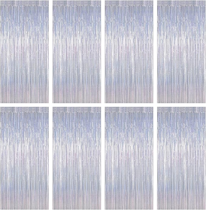 8 Pack New Year Party Decorations 2026 Fringe Backdrop, 3.28 FT x 7.05 FT Glitter Silver Fringe Tinsel, Metallic Foil Curtains Disco Photo Backdrop Foil Streamer Decor Engagement Party Supplies