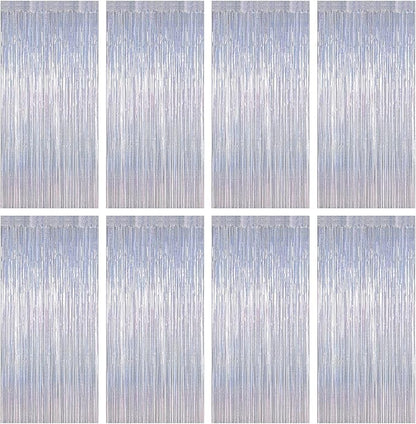 8 Pack New Year Party Decorations 2026 Fringe Backdrop, 3.28 FT x 7.05 FT Glitter Silver Fringe Tinsel, Metallic Foil Curtains Disco Photo Backdrop Foil Streamer Decor Engagement Party Supplies