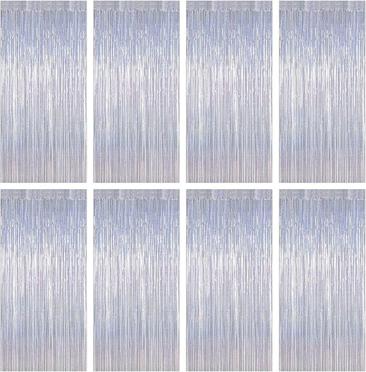 8 Pack New Year Party Decorations 2026 Fringe Backdrop, 3.28 FT x 7.05 FT Glitter Silver Fringe Tinsel, Metallic Foil Curtains Disco Photo Backdrop Foil Streamer Decor Engagement Party Supplies