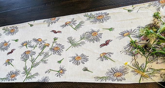 Tache Botanical Grey White Yellow Floral Daisy Flower Long Tapestry Seasonal Kitchen Dining Table Runners 13 x 120 Daisies