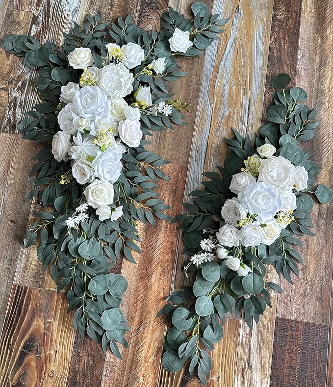 Wedding Arch Flowers with Drapes Kit (Pack of 4) - 2pcs Artificial Ivory & White Deluxe Swag with 2pcs Sheer Drapes for Wedding Ceremony Arbor Reception Backdrop Rose Floral Decoration