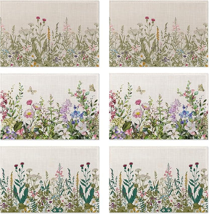 Summer Flower Placemats Set of 6,Washable Heat Resistant 12×18 Inch Linen Table Mats Fall Meadow Herbs Place Mats for Party Outdoor Dining Décor