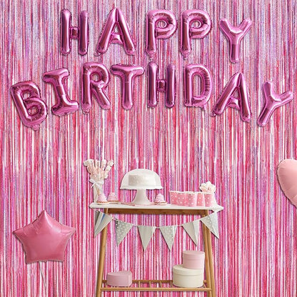 12 Pack Pink Backdrop, 3.28 FT x 7.05 FT Foil Streamers, Metallic Glitter Backdrop Pink Tinsel Fringe Curtains Party Streamers, Pink Birthday Party Decorations Photo Booth Props