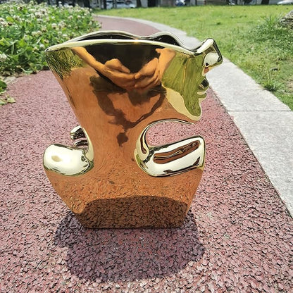 Elegant Gold Ceramic Vase Unique Flower Vase for Home Decor Perfect for Living Room Dining Table Centerpiece (Gold, 1 Pcs)